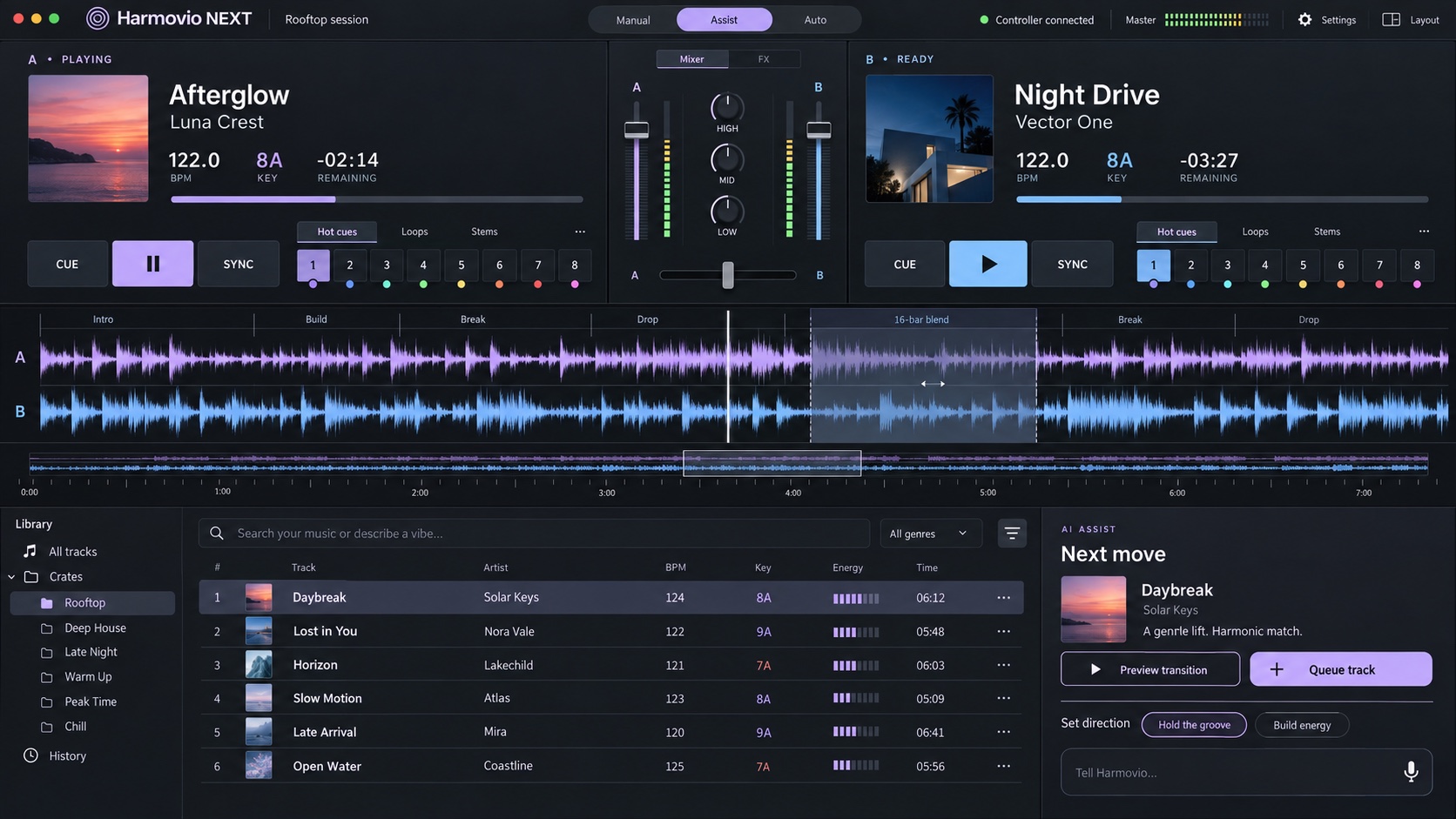 Harmovio mixing workspace with an AI next-track suggestion